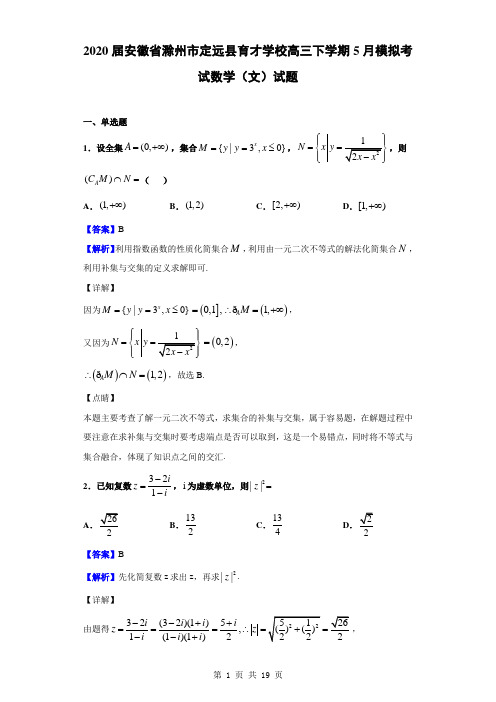 2020届安徽省滁州市定远县育才学校高三下学期5月模拟考试数学(文)试题(解析版)