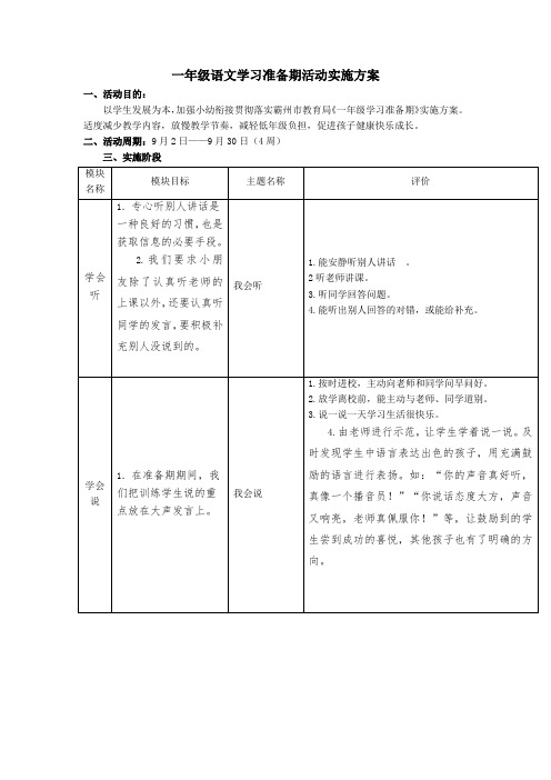 一年级语文学习准备期活动实施方案