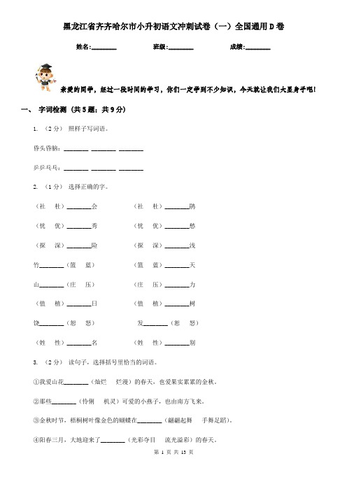 黑龙江省齐齐哈尔市小升初语文冲刺试卷(一)全国通用D卷