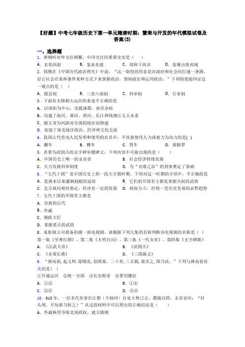 【好题】中考七年级历史下第一单元隋唐时期：繁荣与开发的年代模拟试卷及答案(3)