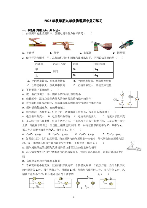 江苏省盐城市大丰区实验初级中学2023-2024学年上学期九年级物理期中复习练习