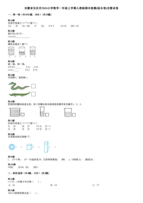 安徽省安庆市2024小学数学一年级上学期人教版期末检测(综合卷)完整试卷