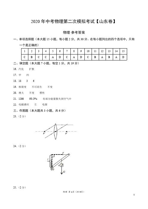 (山东卷)2020年中考物理第二次模拟考试(参考答案)