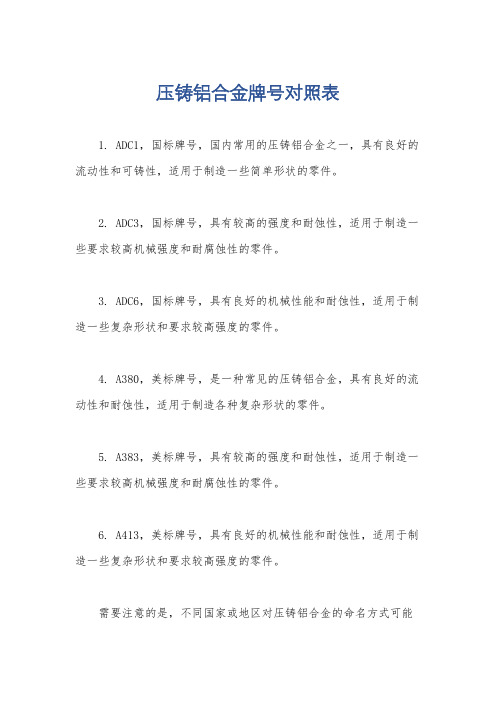 压铸铝合金牌号对照表