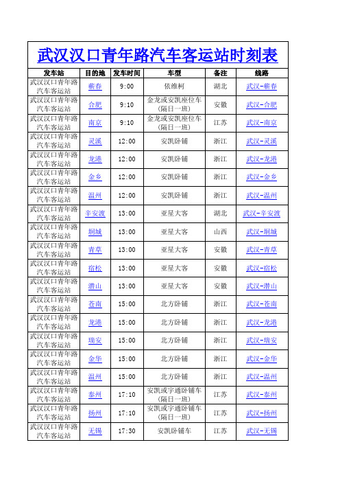 武汉汉口青年路汽车客运站时刻表