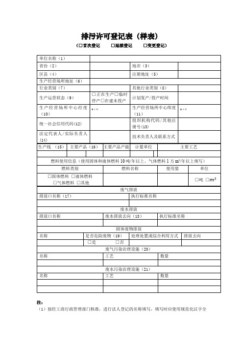 排污许可登记表(样表)(□首次登记□延续登记□变更登记)【模板】