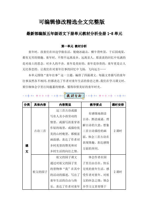 最新部编版五年级语文下册单元教材分析(精编)全册1-8单元精选全文