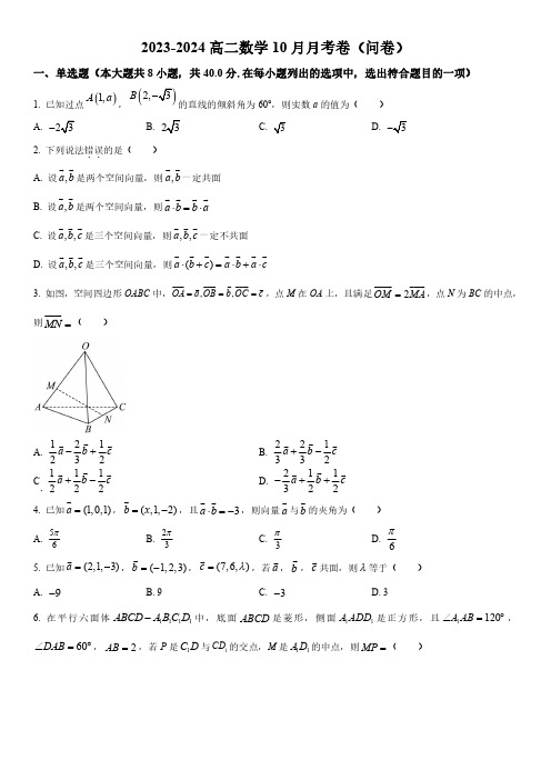 2023-2024学年广东省广州市一中高二上学期10月月考数学试卷含详解