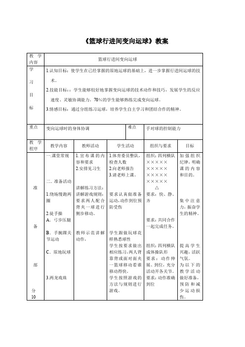 人教版小学《体育与健康》六年级上册《篮球行进间变向运球》教案