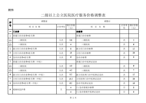 二级以上公立医院医疗服务价格调整表