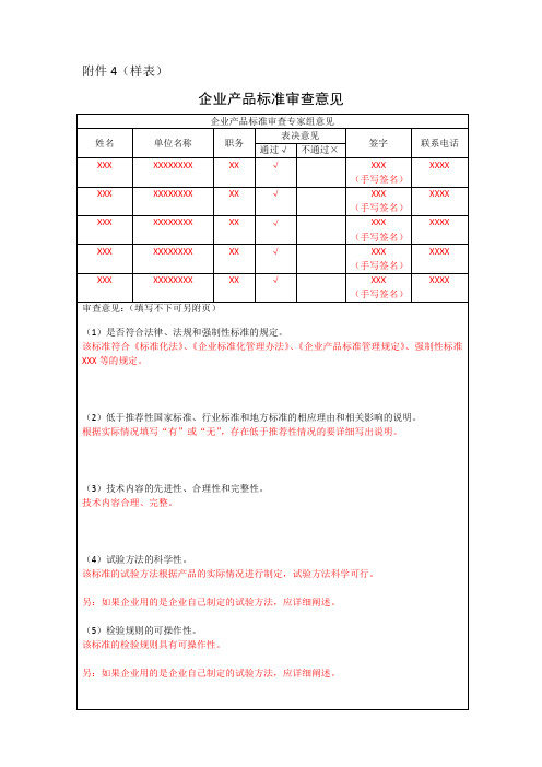 企业产品标准审查意见样表