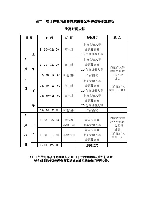 第二十届计算机表演赛内蒙古赛区呼和浩特市主赛场比赛时间安排