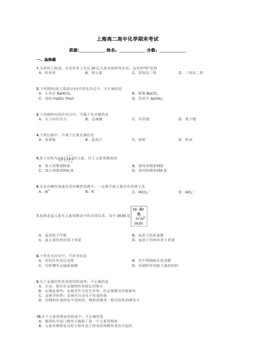 上海高二高中化学期末考试带答案解析