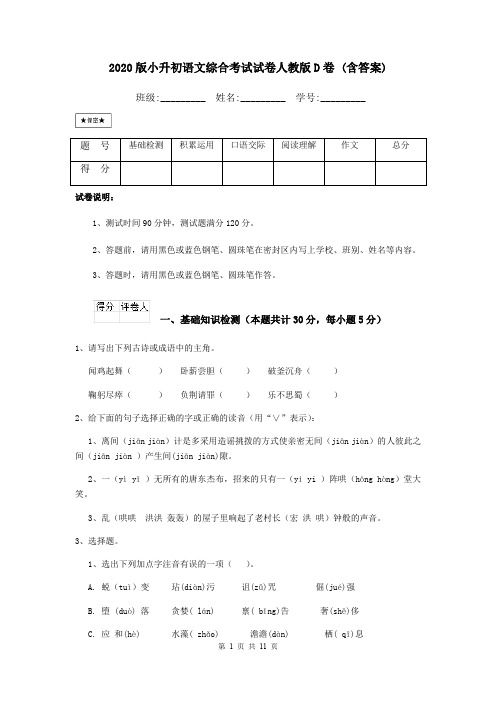 2020版小升初语文综合考试试卷人教版D卷 (含答案)