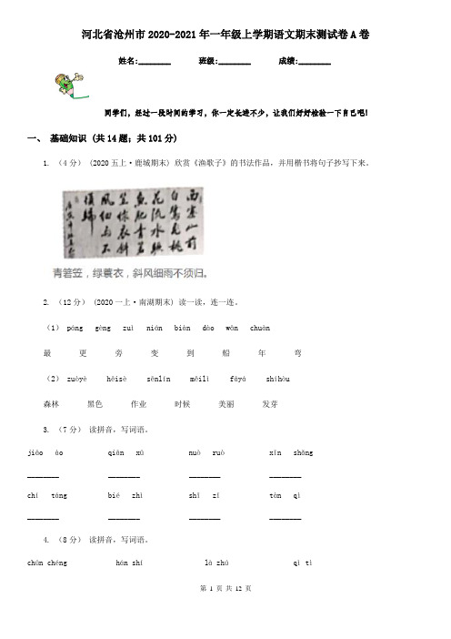 河北省沧州市2020-2021年一年级上学期语文期末测试卷A卷