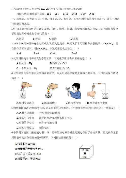 广东省河源市龙川县老隆学校2023-2024学年九年级上学期期末化学试题(含答案)