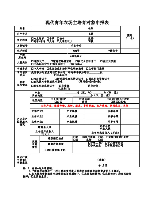 现代青年农场主培育对象申报表