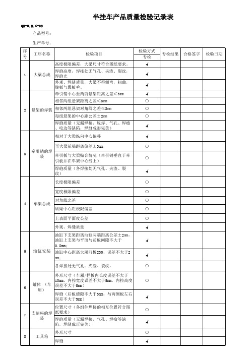 半挂车产品质量检验记录(自卸车)