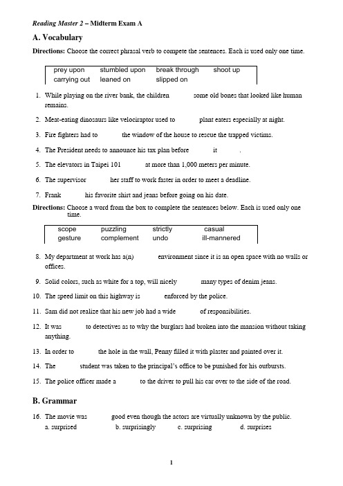 大学英语泛读教程2(第三版)Reading Master 2_Midterm Exam A