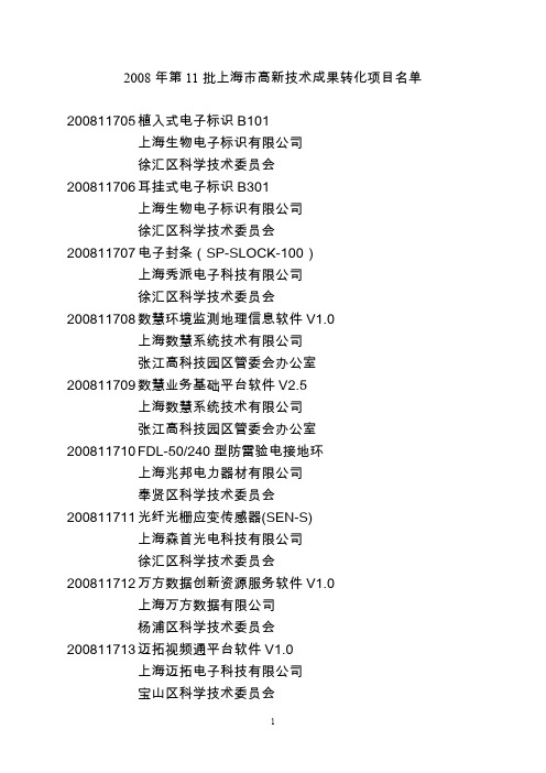 2008年第11批上海市高新技术成果转化项目名单