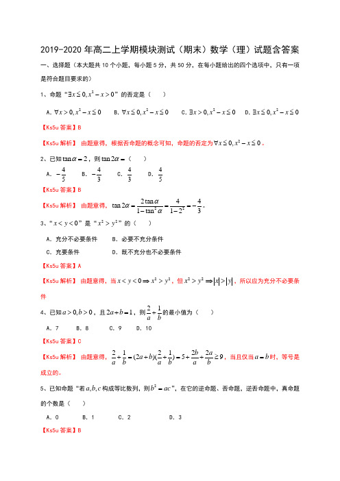 2019-2020年高二上学期模块测试(期末)数学(理)试题含答案.doc