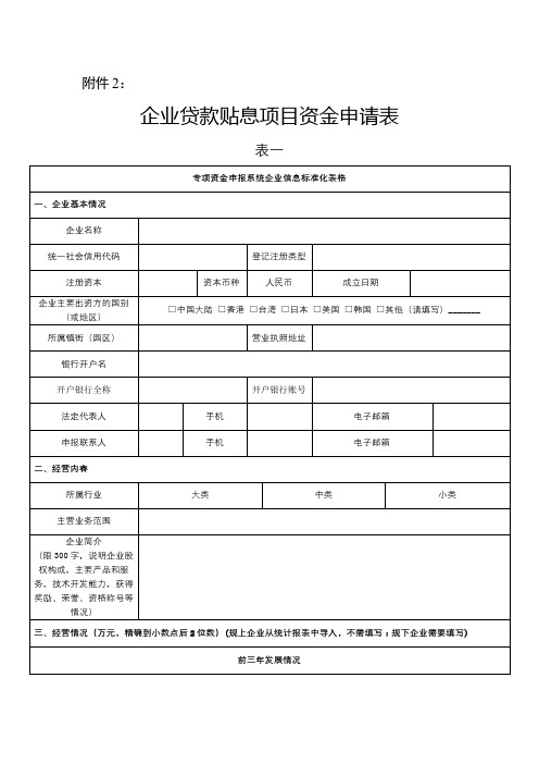 企业贷款贴息项目资金申请表表一【模板】