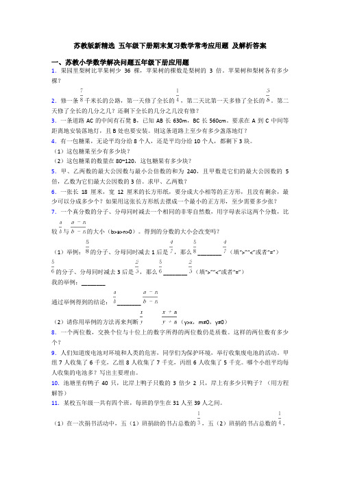 苏教版新精选 五年级下册期末复习数学常考应用题 及解析答案