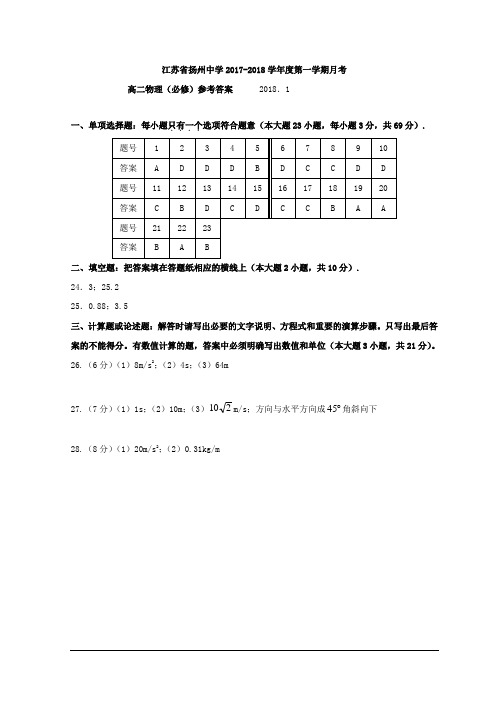 江苏省扬州中学2017-2018学年高二上学期月考(1月)物理(必修)答案