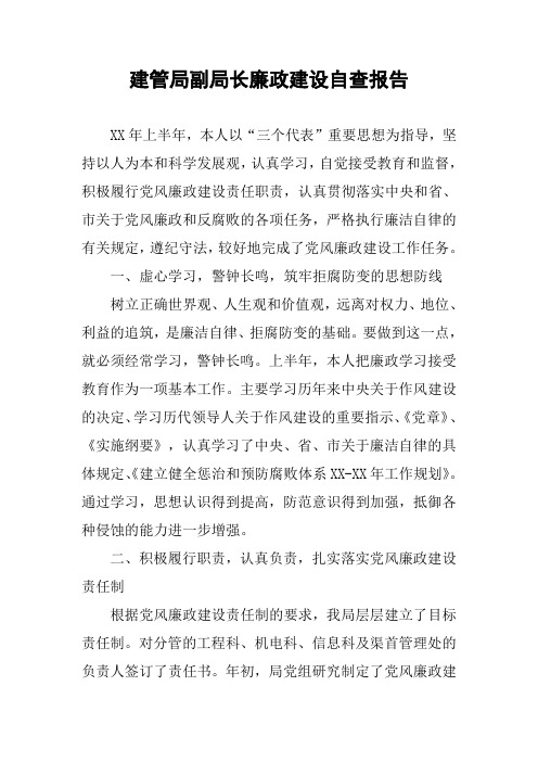 建管局副局长廉政建设自查报告