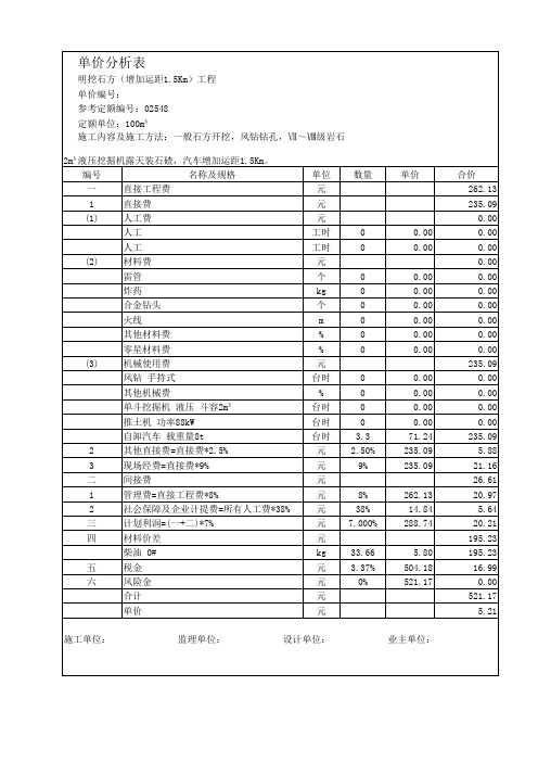 土石方增加运距1.5KM单价分析表(载重汽车8T)