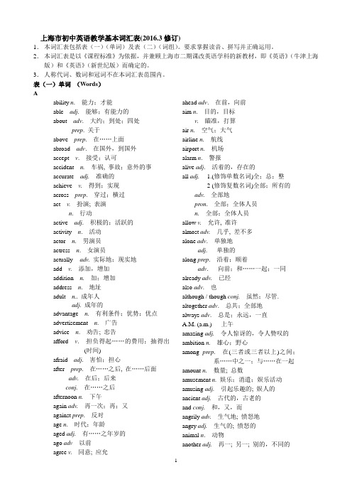 (完整word版)最新2016上海初中英语中考考纲词汇