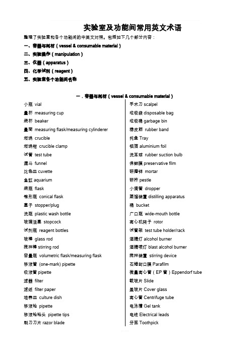 实验室及功能间常用英文术语