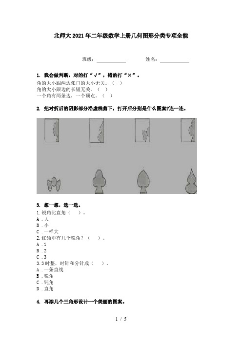 北师大2021年二年级数学上册几何图形分类专项全能