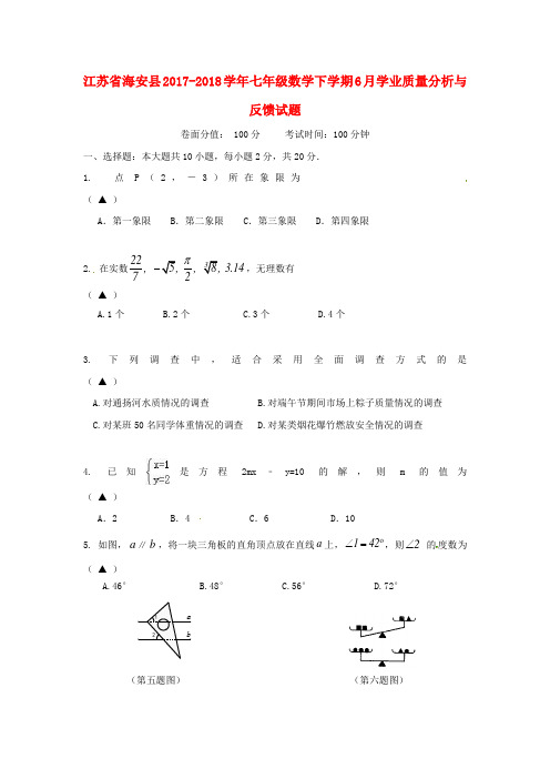 江苏省海安县2017-2018学年七年级数学下学期6月学业质量分析与反馈试题 苏科版