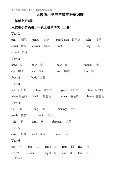 人教版小学三年级全册英语单词汇总学习资料