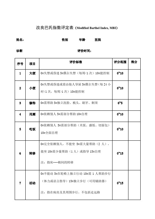 改良巴氏指数评定表