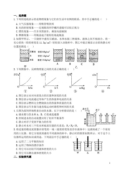 湖北省孝感市孝南区肖港初级中学九年级物理下学期练习卷(6)(无答案) 湘教版