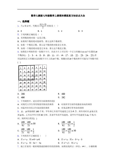 数学人教版七年级数学上册期末模拟复习知识点大全