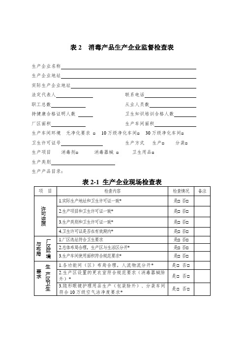 表2 消毒品生产企业监督检查表