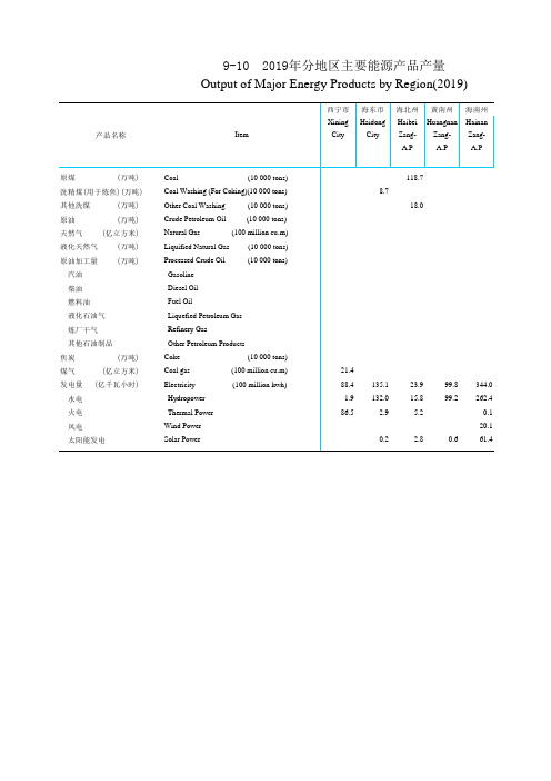 2019年青海省西宁海东海北黄南海南果洛玉树海西分地区能源产品产量