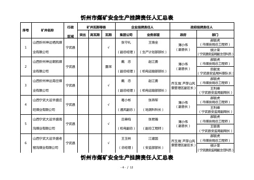 忻州煤矿安全生产挂牌责任人汇总表