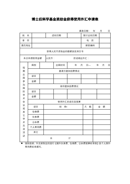 博士后科学基金资助金获得使用外汇申请表【模板】