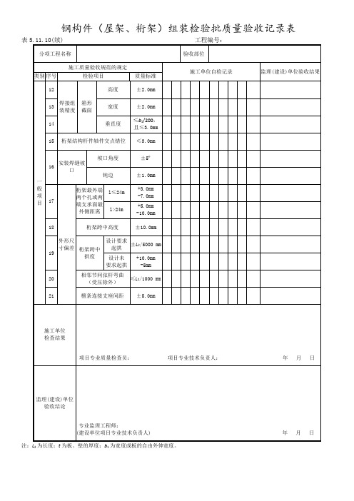 钢构件(屋架、桁架)组装检验批质量验收记录表