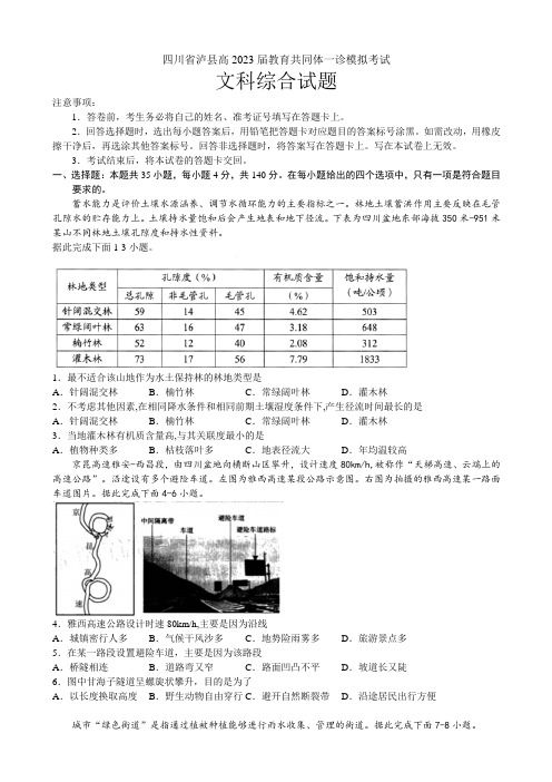 2023届四川省泸州市泸县教育共同体高三上学期一诊模拟考试文综