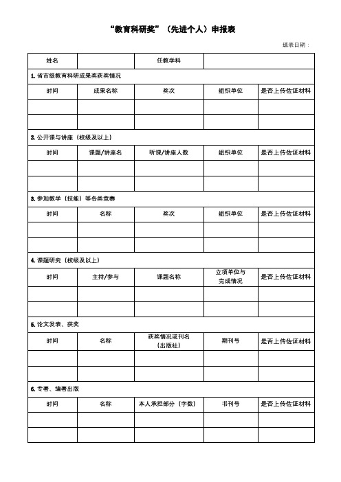 教育科研奖(先进个人)申报表【模板】