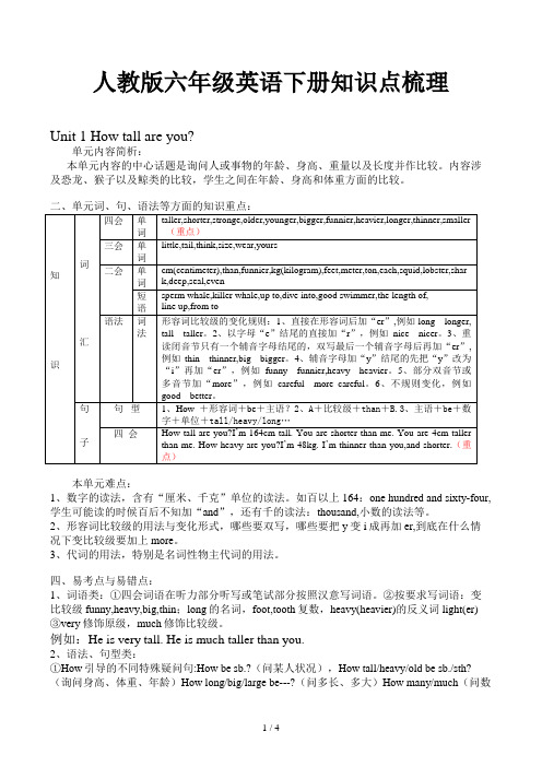 人教版六年级英语下册知识点梳理