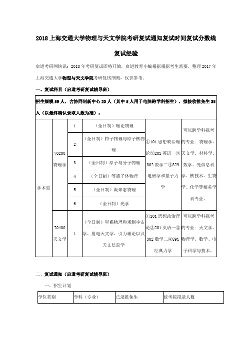 2018上海交通大学物理与天文学院考研复试通知复试时间复试分数线复试经验