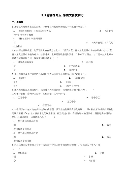 九年级历史与社会下册第五单元二战后的世界变化综合探究五聚焦文化软实力同步测试新人教版