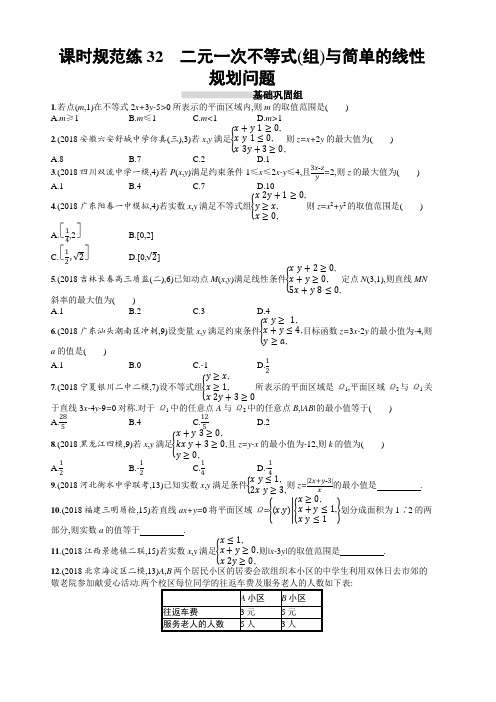 2020版高考数学理科(人教B版)一轮复习课时规范练32 二元一次不等式(组)与简单的线性规划问题 含解析