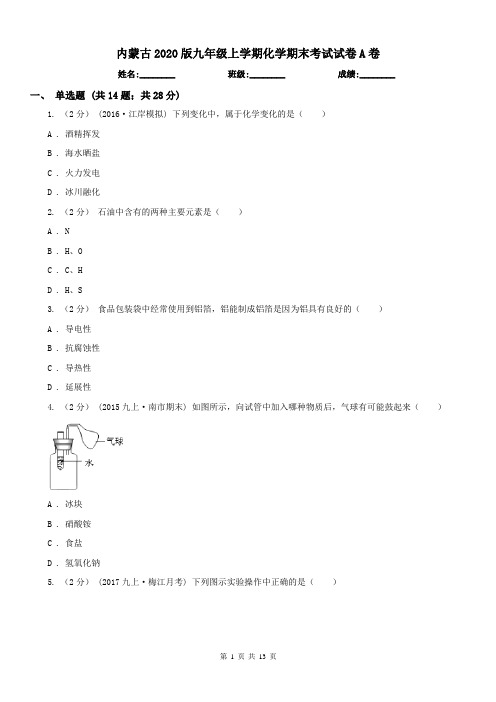 内蒙古2020版九年级上学期化学期末考试试卷A卷(测试)